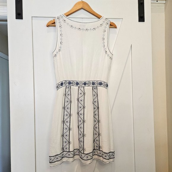 Max Studio Boho Mini Dress, Ivory with Blue Floral Embroidery, Size Medium - Picture 5 of 11